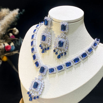 ASNORA nouveau luxe vert bleu rouge CZ pierre boucles d'oreilles collier 2 pièces grande longue goutte mariage robe de mariée ensemble de bijoux pour les femmes