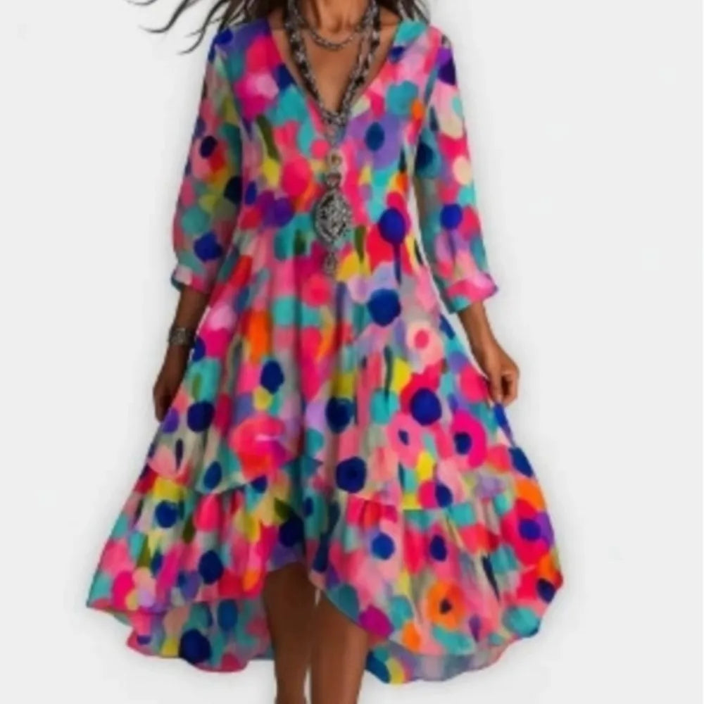 Robe décontractée pour femmes, ample, rétro, imprimé, manches 7-quarts, mode printemps-automne, élégante, bord de mer, vacances, 2025