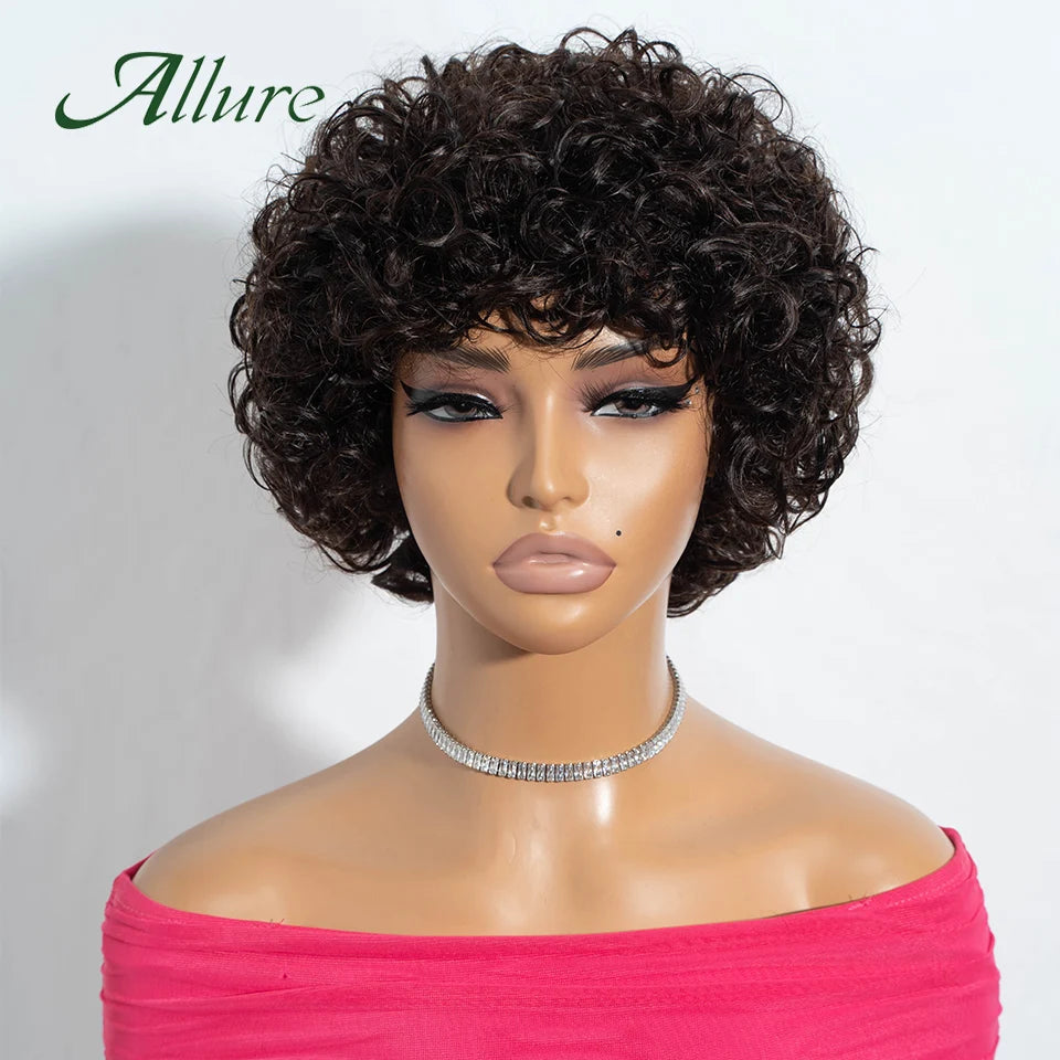 Jerry bouclés perruques de cheveux humains pour les femmes noires 10 pouces court Pixie Afro crépus bouclés perruque avec frange brun couleur cheveux perruques Allure