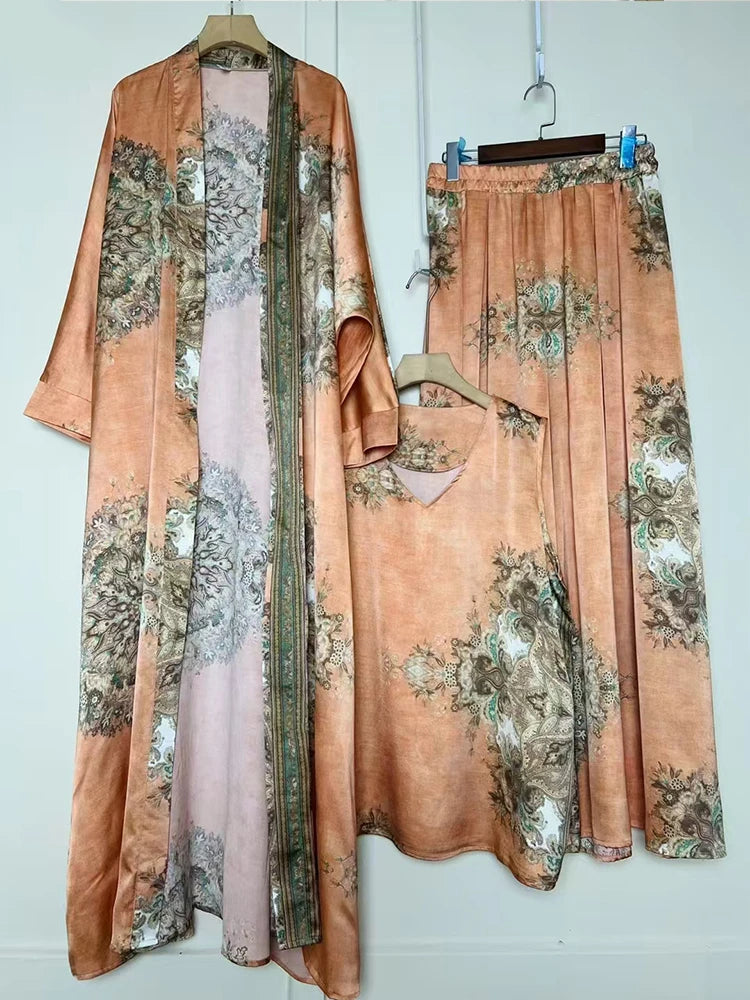 Cardigan long imprimé géométrique rétro, ensemble trois pièces, pull ample + jupe à jambes larges, costume à la mode pour femmes, été 2025