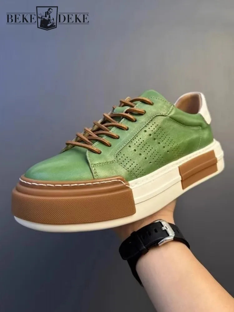 Hommes chaussures en cuir véritable à lacets couleurs mélangées plate-forme chaussures Hip Hop respirant espadrilles décontractées hommes bout rond chaussures d'entraînement