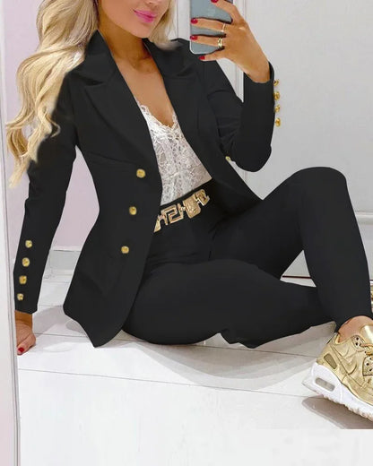 Ensemble Blazer et pantalon à col à revers imprimé à carreaux pour femmes, 2 pièces, vêtements, costume, pantalon, mode printemps-automne décontractée