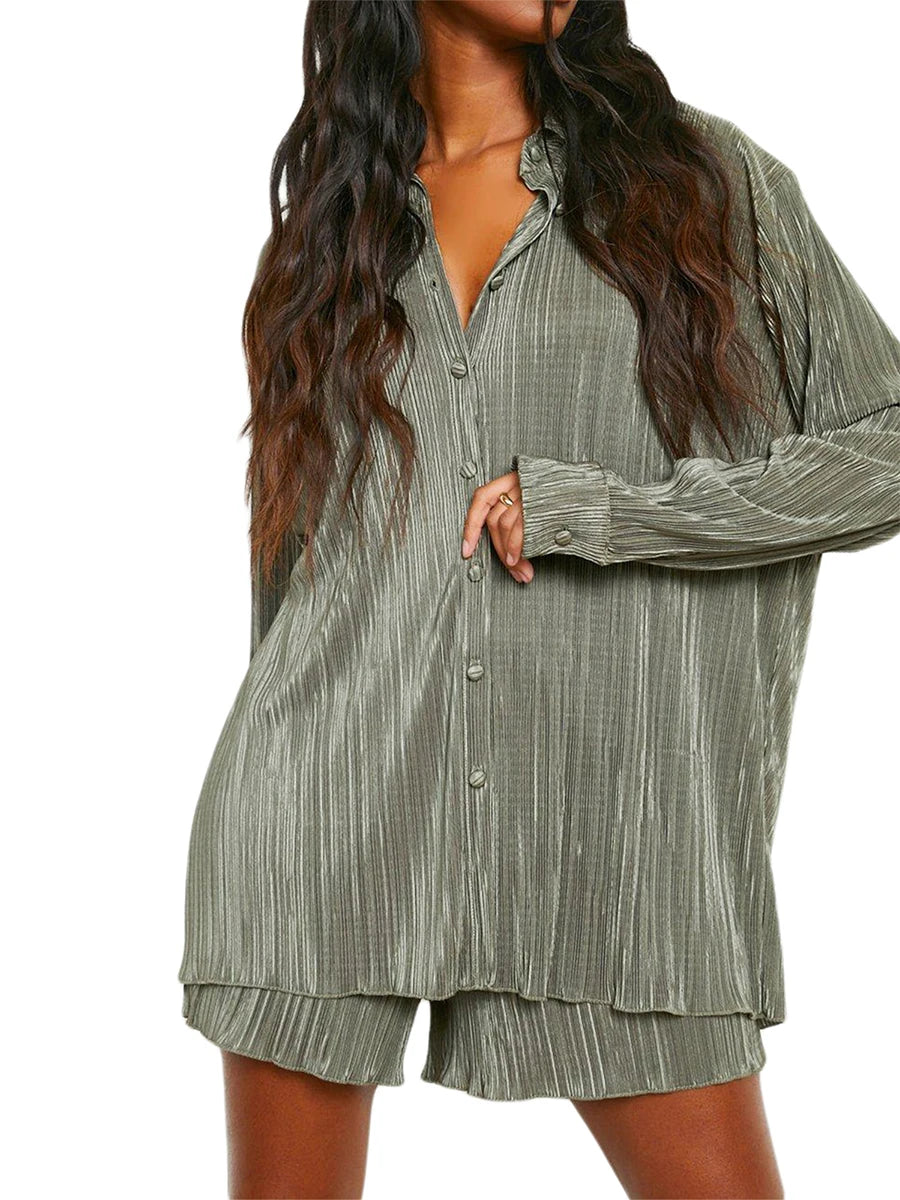 Ensemble de vêtements décontractés pour femmes, chemise froncée à manches longues, boutonnée et short, 2 pièces