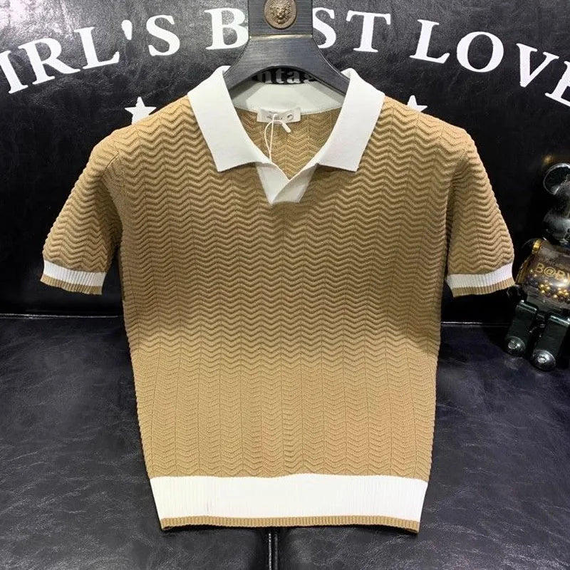 T-shirt à manches courtes en soie glacée pour hommes, pull tricoté à revers contrasté, tendance et personnalisé, décontracté, nouvelle collection été