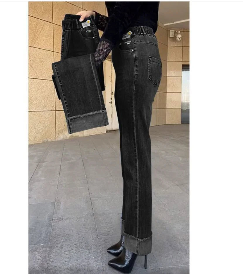 Jean femme d'âge moyen printemps automne taille extensible pantalon en Denim droit grande taille ample taille haute décontractée noir bleu pantalon