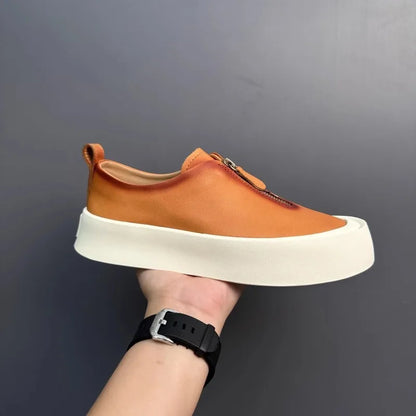 Mocassins à fermeture éclair pour hommes, cuir de vachette véritable, chaussures décontractées, baskets d'extérieur vintage, chaussures de skateboard, plate-forme optique, mode