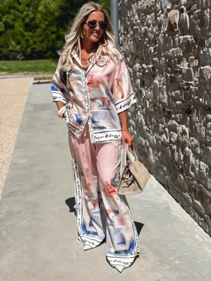 2 pièces ensemble pour femme été nouveau élégant imprimé demi manches chemise hauts costumes à la mode décontracté ample jambe large pantalons ensembles