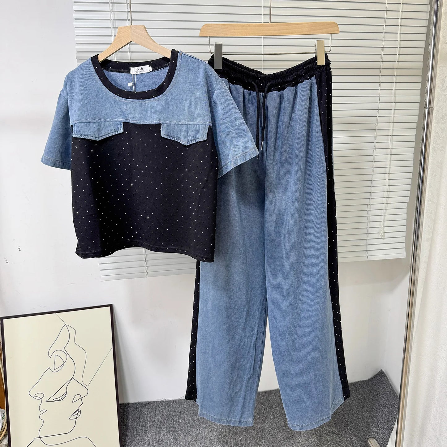 Ensemble deux pièces en Denim pour femmes, ensemble pantalon assorti, Streetwear Y2k, décontracté, perçage à chaud, hauts, jambes larges, pantalons longs, taille haute, 2025