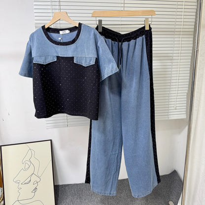 Ensemble deux pièces en Denim pour femmes, ensemble pantalon assorti, Streetwear Y2k, décontracté, perçage à chaud, hauts, jambes larges, pantalons longs, taille haute, 2025