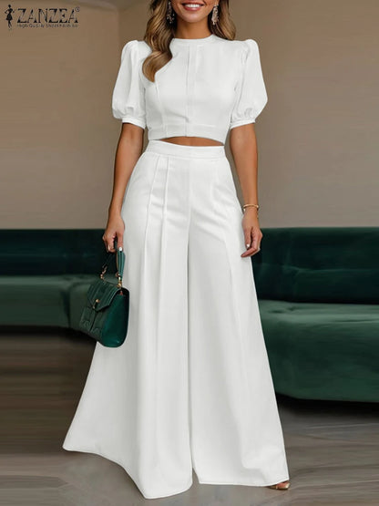 BS -  rue mode femme 2 pièces ensembles élégant manches courtes bouffantes haut court pantalon à jambes larges 2 pièces tenue élégant bureau pantalon ensembles