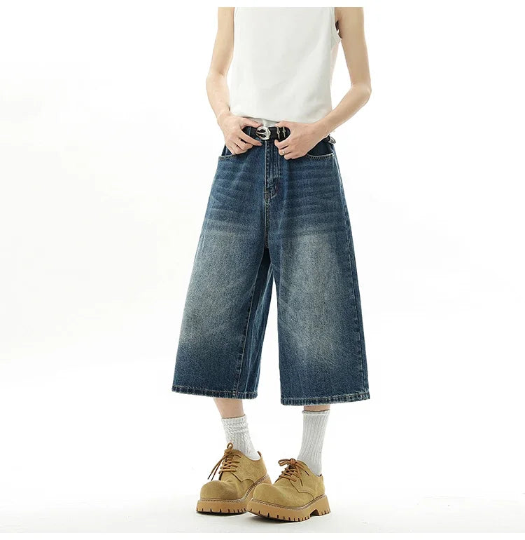 Short en Denim Baggy pour hommes, mode rétro décontractée, ample, jambes larges, longueur mollet, Streetwear Y2K, Style coréen