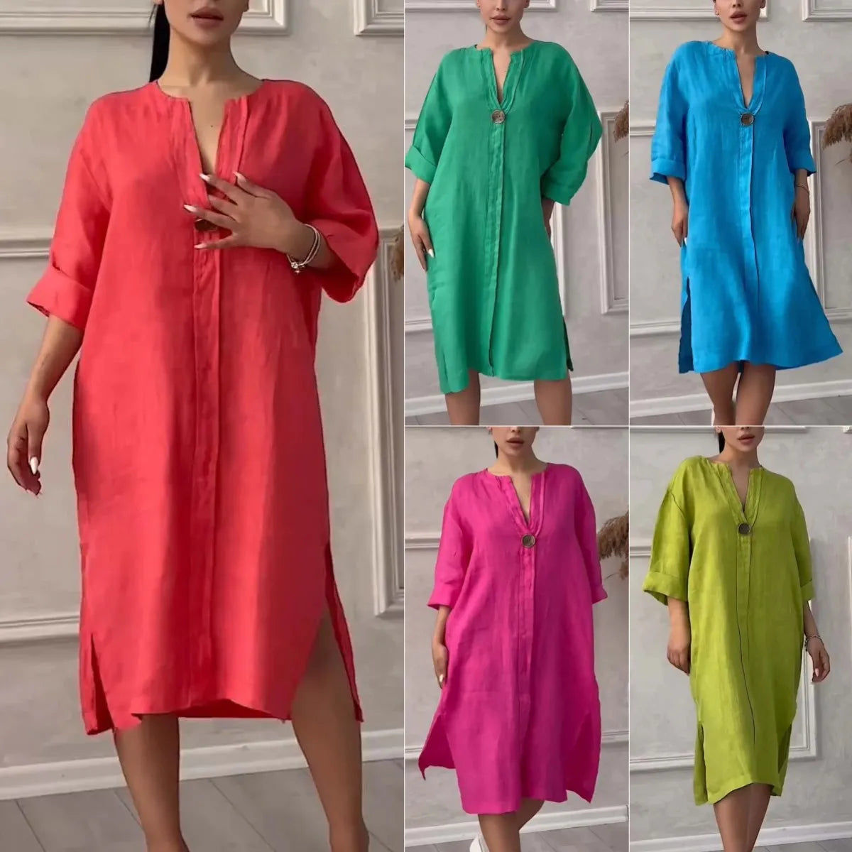 Robe longue décontractée en coton et lin pour femmes, couleur unie, col rond, boutons, nouvelle collection