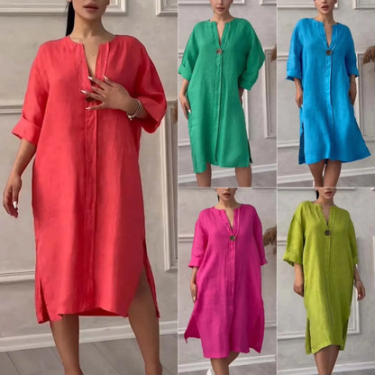 Robe longue décontractée en coton et lin pour femmes, couleur unie, col rond, boutons, nouvelle collection