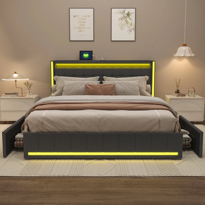 Lit capitonné 140/160x200 cm, tête de lit avec éclairage LED et fonction de chargement USB, lit double avec 4 tiroirs, lit fonctionnel