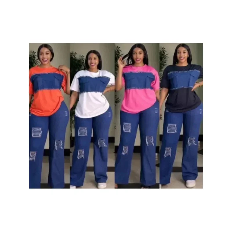 Ensemble dashiki en denim pour femmes, vêtements africains, nouvelle mode, haut à manches courtes et jeans moulants, tenue de soirée assortie pour dames, été, 2 pièces