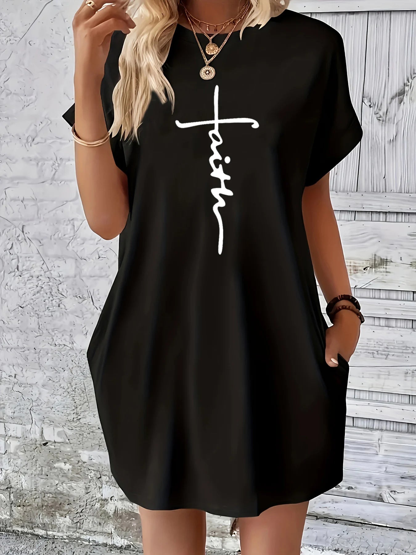 Robe d'été ample pour femmes, imprimé foi croisée, col rond, manches courtes, poches, confortable, décontractée, grande taille