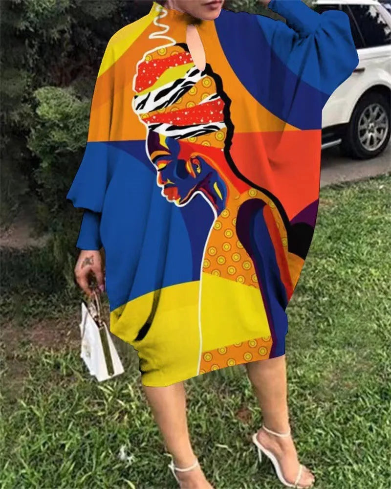 Robe Africaine Imprimée en Polyester à Manches sulf, Longueur aux Genoux, Printemps Été 2023