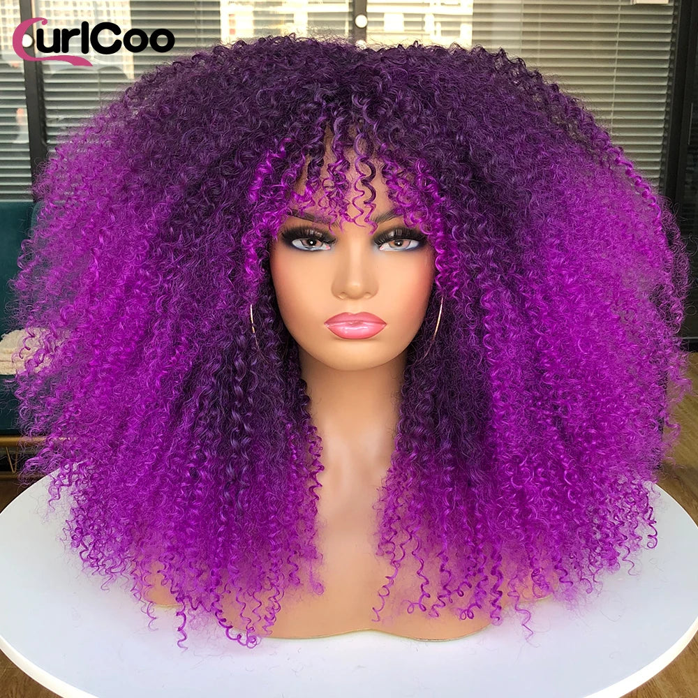 Perruque bouclée avec frange, perruque Afro bouclée pour femmes noires, perruque longue et moelleuse en Fiber synthétique pour fête quotidienne, Cosplay