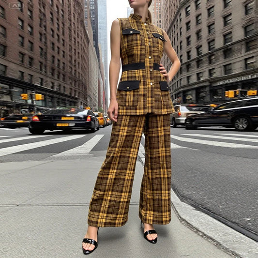 Krisstargirl 2 pièces ensembles tenue pour femmes été automne Plaid vêtements d'extérieur gilet haut pantalon à jambes larges correspondant costumes femme