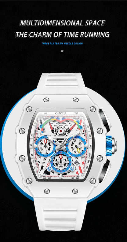ONOLA-Montre Tonneau Étanche pour Homme, Chronographe, Quartz, dehors, Bracelet Silicone, Montre-Bracelet Blanche, Luxe, Nouvelle Mode, 2024