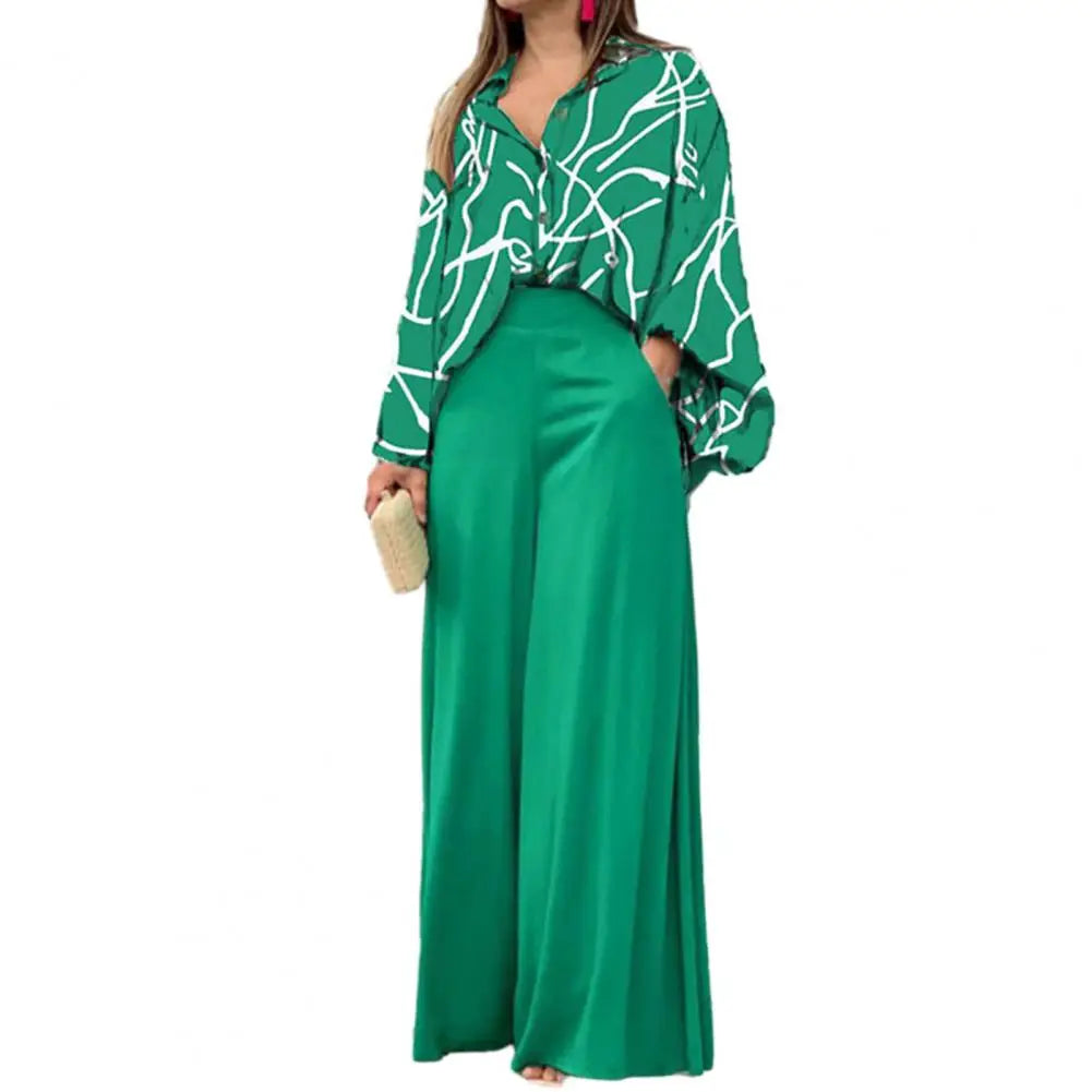 Ensemble Chemise et Pantalon à Revers pour Femme, Tenue Simple, Imprimé Feuilles, Manches sulf, Taille Haute, Jambes Larges, Tenue de Bureau, Tenue de Salon, 2 Pièces/Ensemble