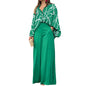 Ensemble Chemise et Pantalon à Revers pour Femme, Tenue Simple, Imprimé Feuilles, Manches sulf, Taille Haute, Jambes Larges, Tenue de Bureau, Tenue de Salon, 2 Pièces/Ensemble