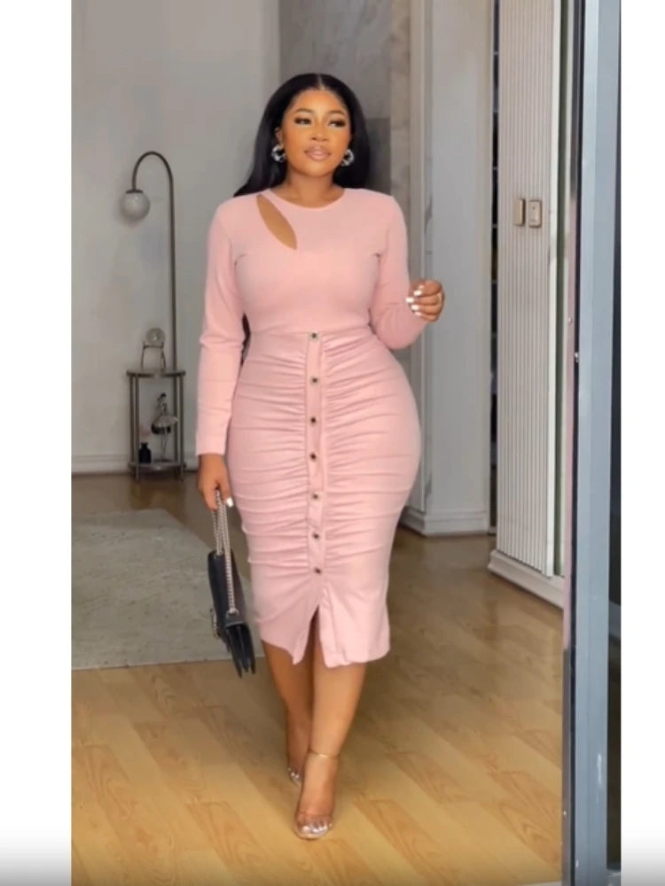 Robe élégante plissée pour femme, manches longues, conception de boutons, batterie, découpée, asymétrique, sexy, évider, fête, vêtements de jour