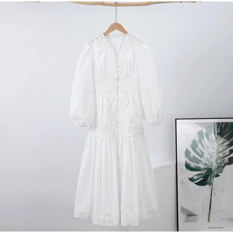 Robe longue en dentelle ajourée pour femmes, élégante, couleur unie, col en v, Patchwork, manches bouffantes, moulante, nouvelle collection printemps 2025