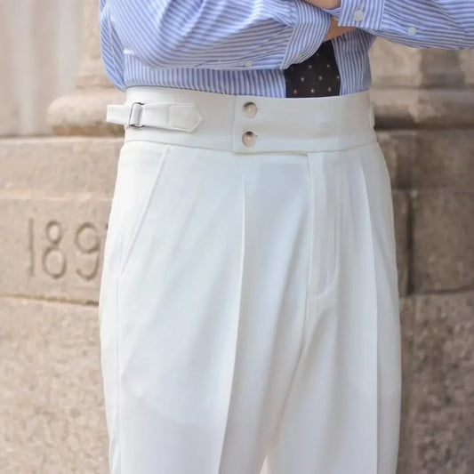 BS Vintage taille haute hommes décontracté pantalon droit Smalltrousers affaires britanniques Paris boucle blanc pantalon Long