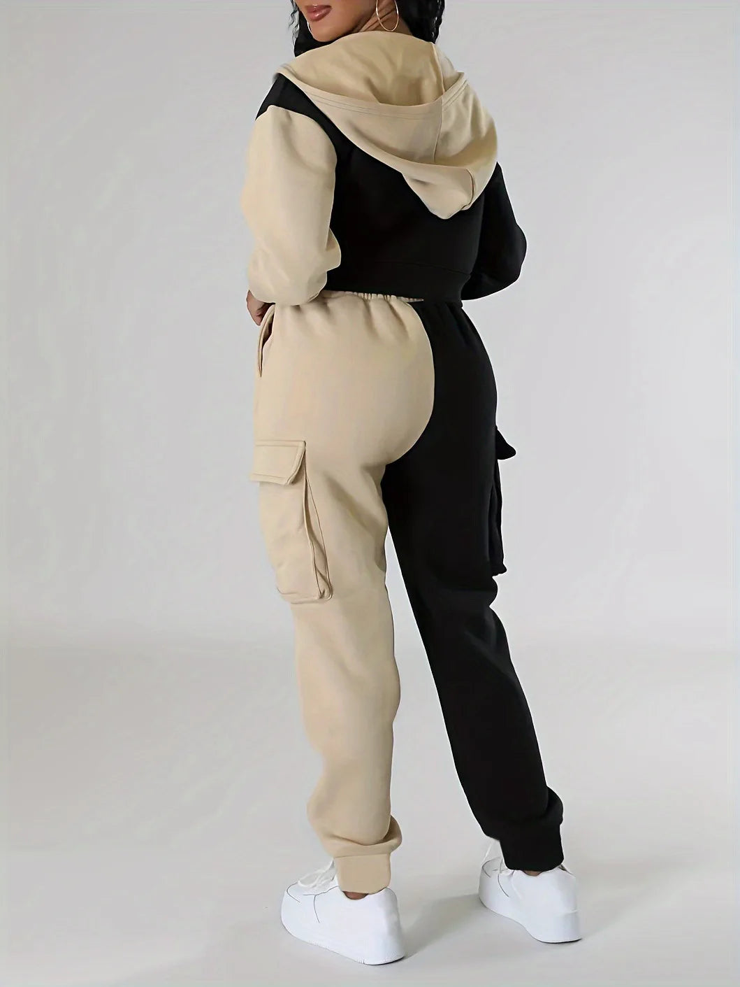 veste sport deux pièces ample pour femmes, ensemble assorti, survêtement à capuche, fermeture éclair bloquée, vêtements d'extérieur courts, pantalon Cargo avec cordon de serrage, automne hiver