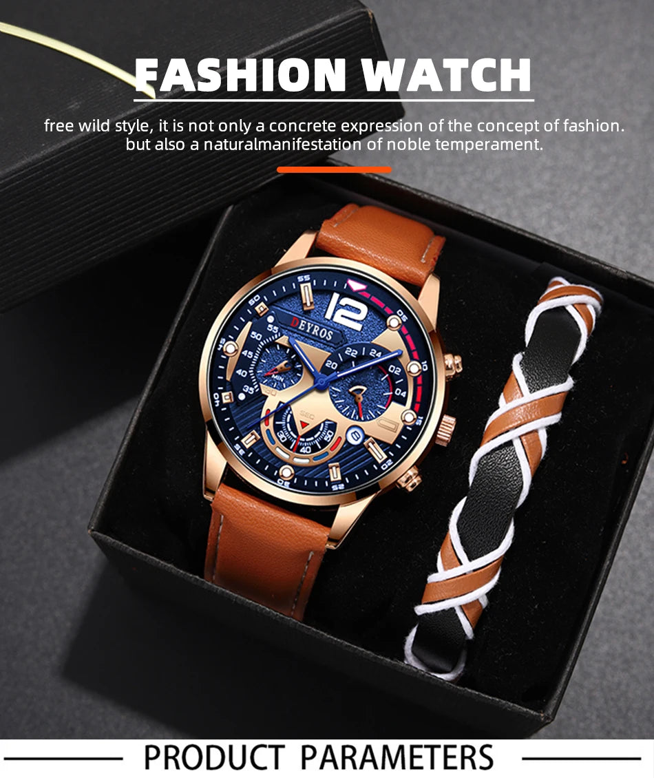 Ensemble de montres à calendrier pour hommes, montre à quartz en cuir marron, bracelet décontracté, luxe, affaires, mode masculine, 2 pièces