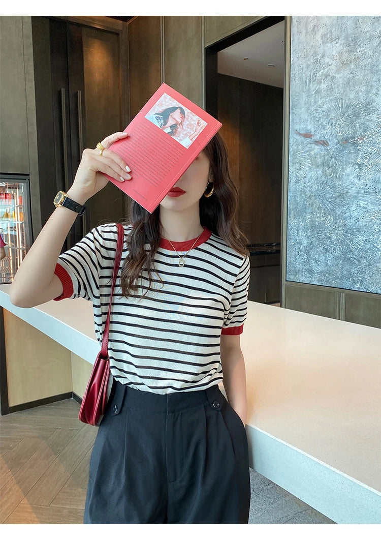 2025 hauts à rayures femmes tricoté col rond été imprimé à manches courtes décontracté Simple sauvage T-Shirt