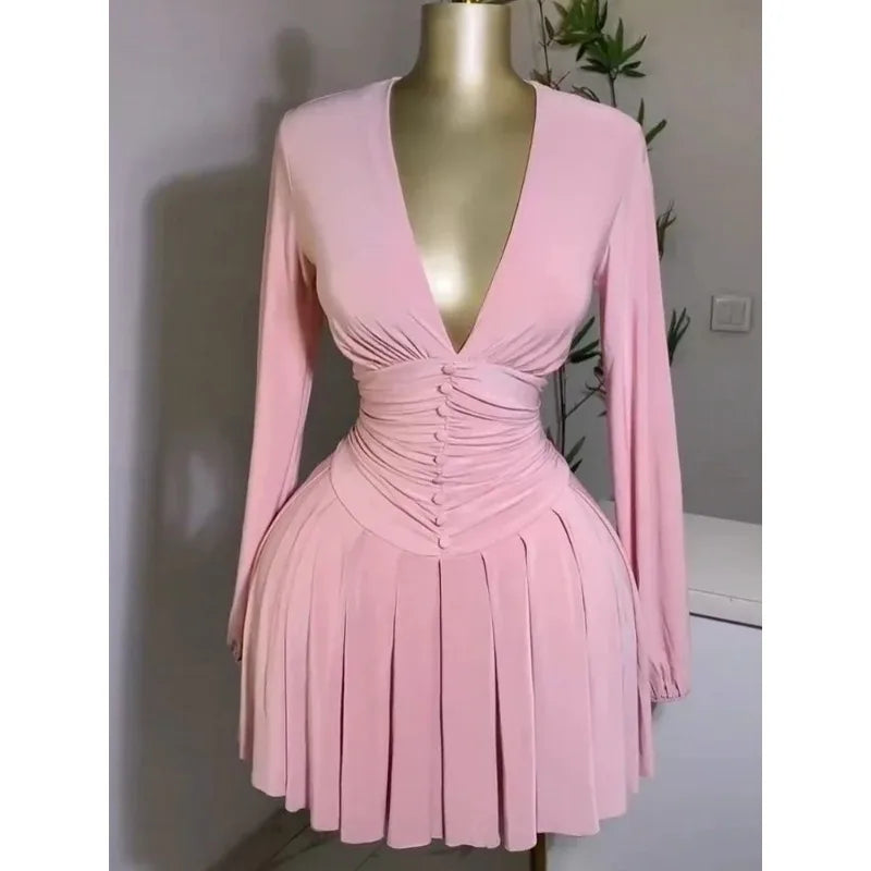 Mini robe de soirée pour femmes, nouvelle collection printemps/été 2021, décontractée, Sexy, plongeante, froncée, manches lanternes, boutons, jupe courte trapèze quotidienne