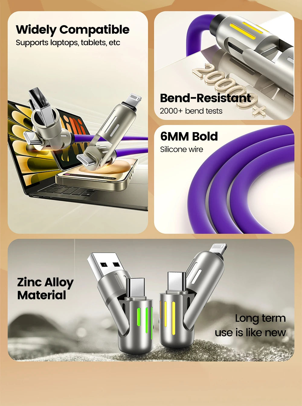 Câble de charge rapide USB vers Type C 4 en 1, 240W, PD3.0, transfert de données haute vitesse, pour iPhone 1514, Samsung, Xiaomi, HUAWEI