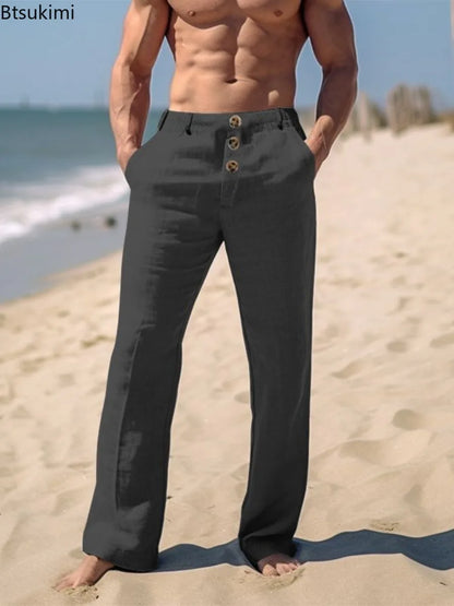 Pantalon de Plage en Coton et Lin pour Homme, Vêtement Décontracté, Respirant, Fin, Style Rétro, Nouvelle Collection Été