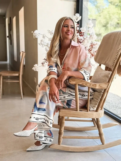 2 pièces ensemble pour femme été nouveau élégant imprimé demi manches chemise hauts costumes à la mode décontracté ample jambe large pantalons ensembles