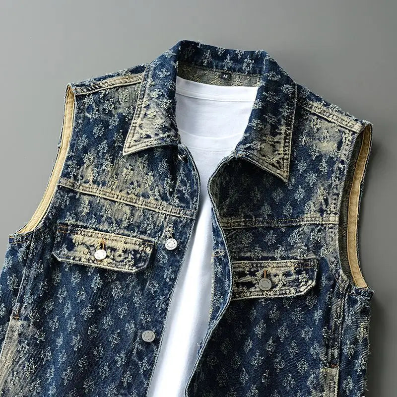 Gilet de moto en Denim pour hommes, rétro, tendance, printemps et automne, élégant, ample, Jacquard, sans manches, vêtements d'extérieur