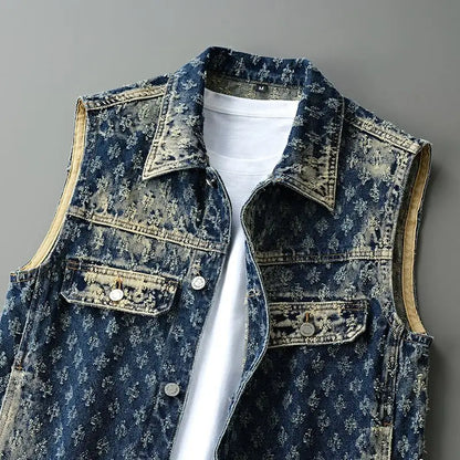 Gilet de moto en Denim pour hommes, rétro, tendance, printemps et automne, élégant, ample, Jacquard, sans manches, vêtements d'extérieur