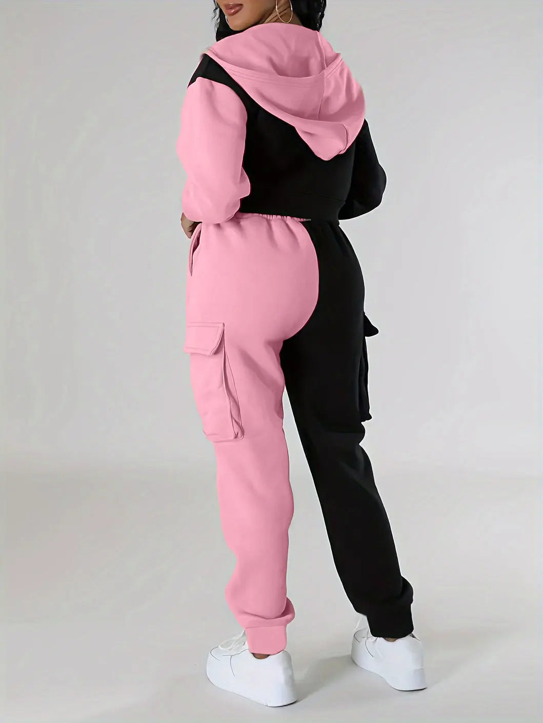 veste sport deux pièces ample pour femmes, ensemble assorti, survêtement à capuche, fermeture éclair bloquée, vêtements d'extérieur courts, pantalon Cargo avec cordon de serrage, automne hiver