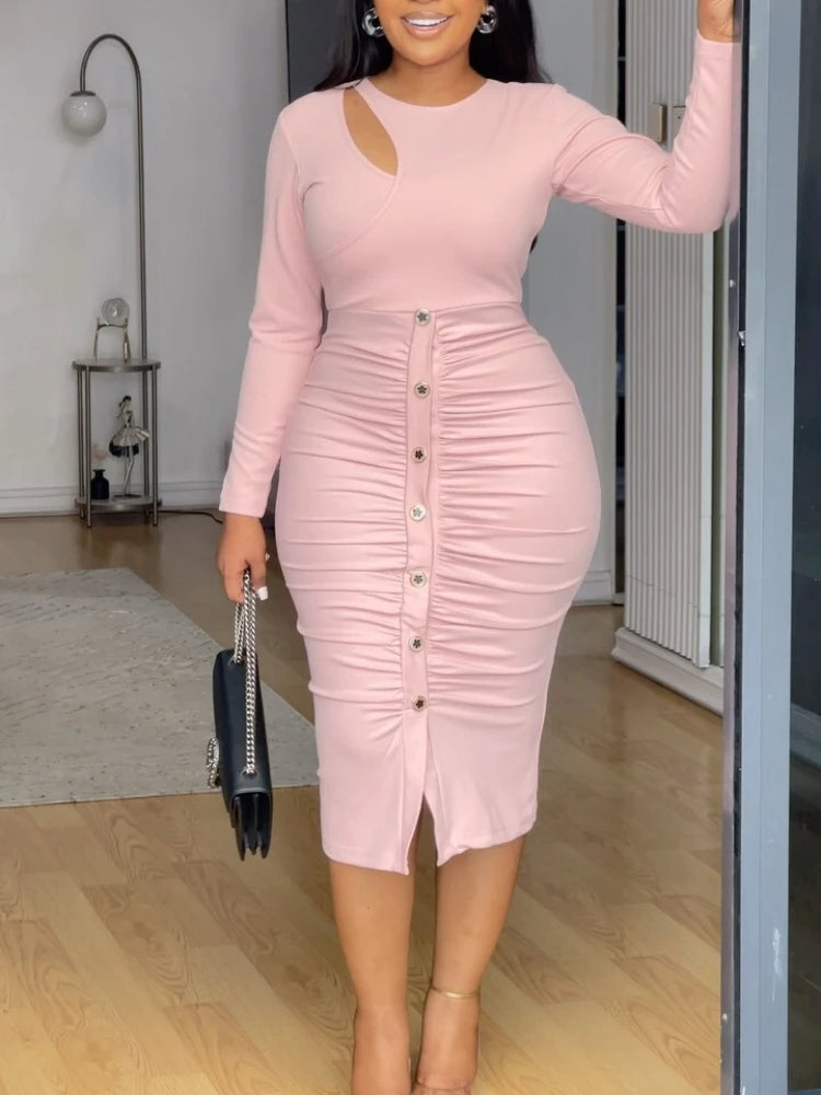 Robe élégante plissée pour femme, manches longues, conception de boutons, batterie, découpée, asymétrique, sexy, évider, fête, vêtements de jour