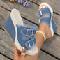 Nouvelles compensées plate-forme femmes sandales Summe paille tissage semelle épaisse Denim pantoufles mode décontracté Double boucle sangle sandales femmes