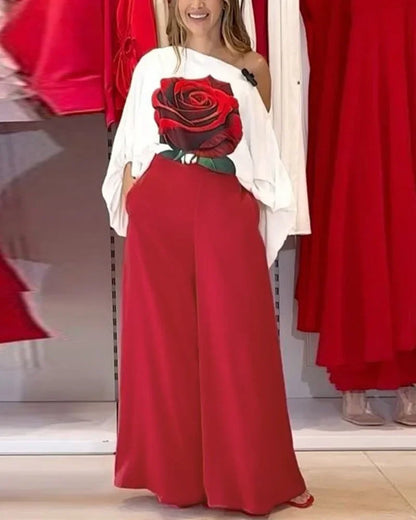 Ensemble deux pièces décontracté pour femmes, vêtements d'été pour femmes, T-shirt à manches lanternes et col incliné imprimé Rose, haut et pantalon à jambes larges, 2025