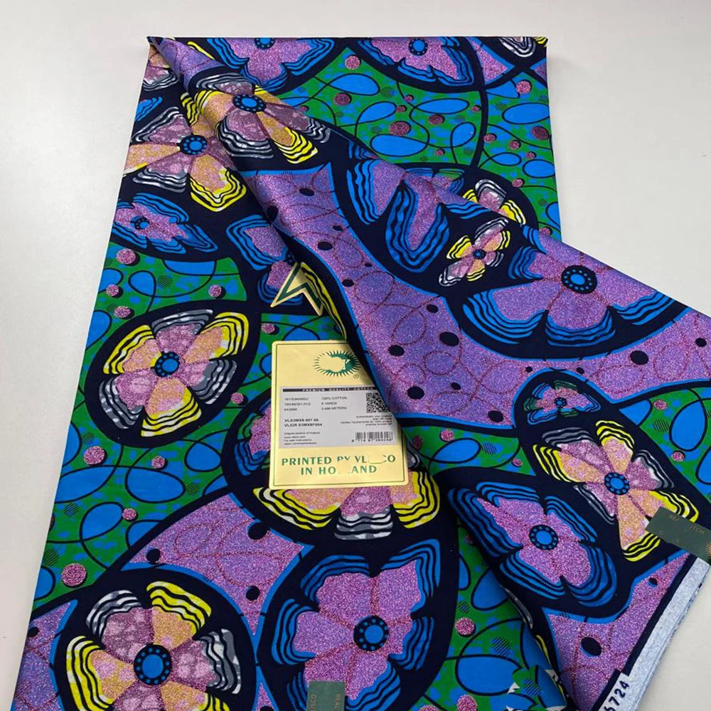 Tissu africain en cire de coton, très bonne qualité, nouvelle grande cire Ankara brillante Pagne, couleur grise, brillant doré, trucs Batik, 6 mètres