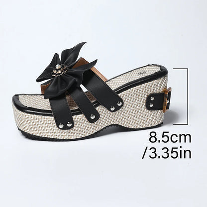 Pantoufles à plateforme épaisse avec nœud papillon pour femmes, Design à boucle, diapositives à fond épais, nouvelles sandales à talons compensés à bout carré