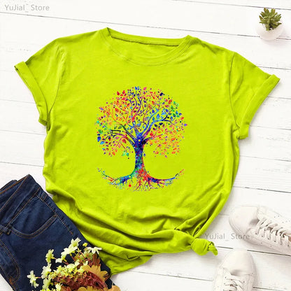 T-shirt imprimé arbre magique d'interconnexion pour femme, gris, vert, jaune, rose, noir, mode fille, été