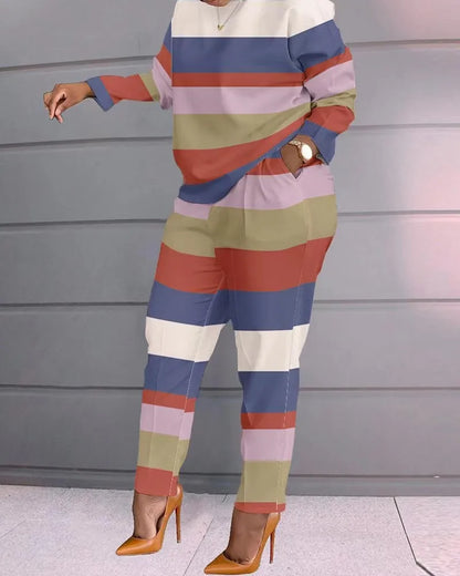 Ensemble deux pièces imprimé pour femmes, t-shirt à manches longues, col rond, chemise épissure, taille haute, costumes pour dame de bureau, automne