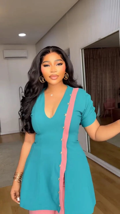 BERAKAH SUPRÊME -Haut rigide à col en V avec pantalon à jambes larges en Patchwork, ensemble deux pièces de Style africain, tenue d'affaires pour femmes, tenues d'été pour femmes