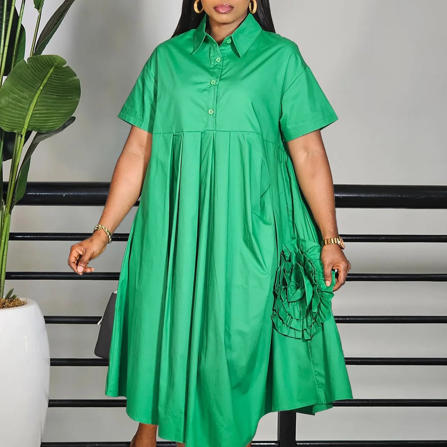 Robe chemise à manches courtes pour femmes, couleur unie, jupe trapèze, élégante, décontractée, Maxi, pour printemps et automne, mode été