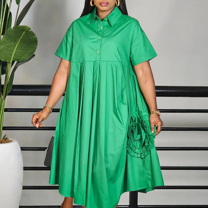 Robe chemise à manches courtes pour femmes, couleur unie, jupe trapèze, élégante, décontractée, Maxi, pour printemps et automne, mode été