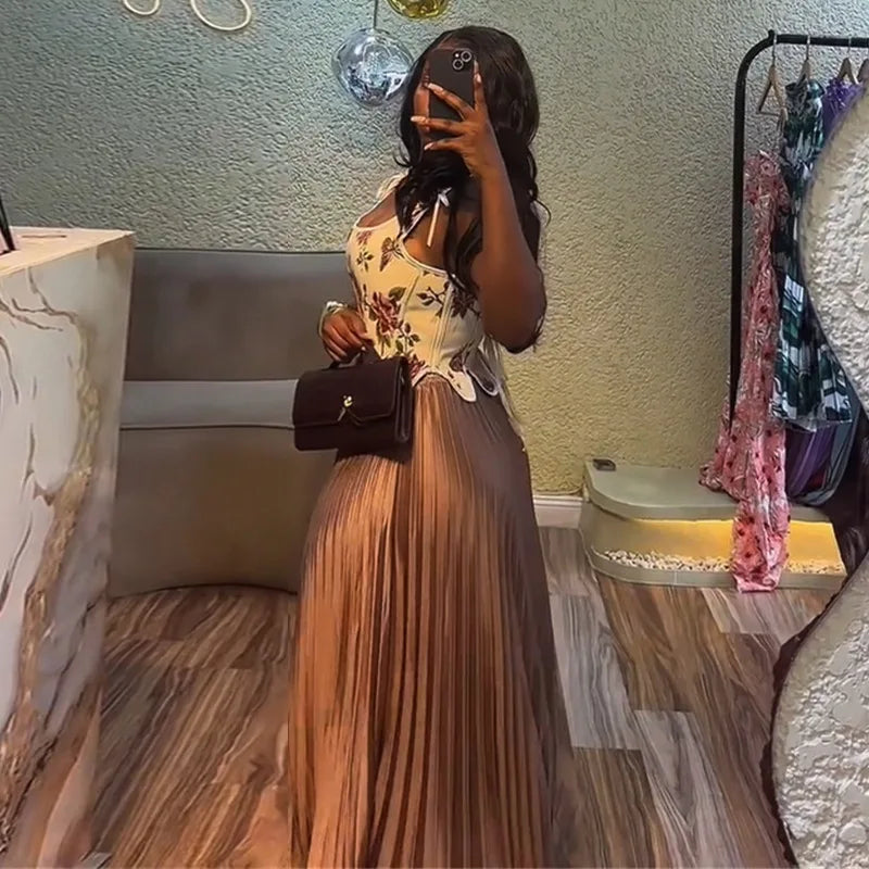 CM.YAYA ensemble femme imprimé fleuri taille cintrée gilet + jupes longues plissées costume 2025 fête soirée rue deux 2 pièces ensemble tenue